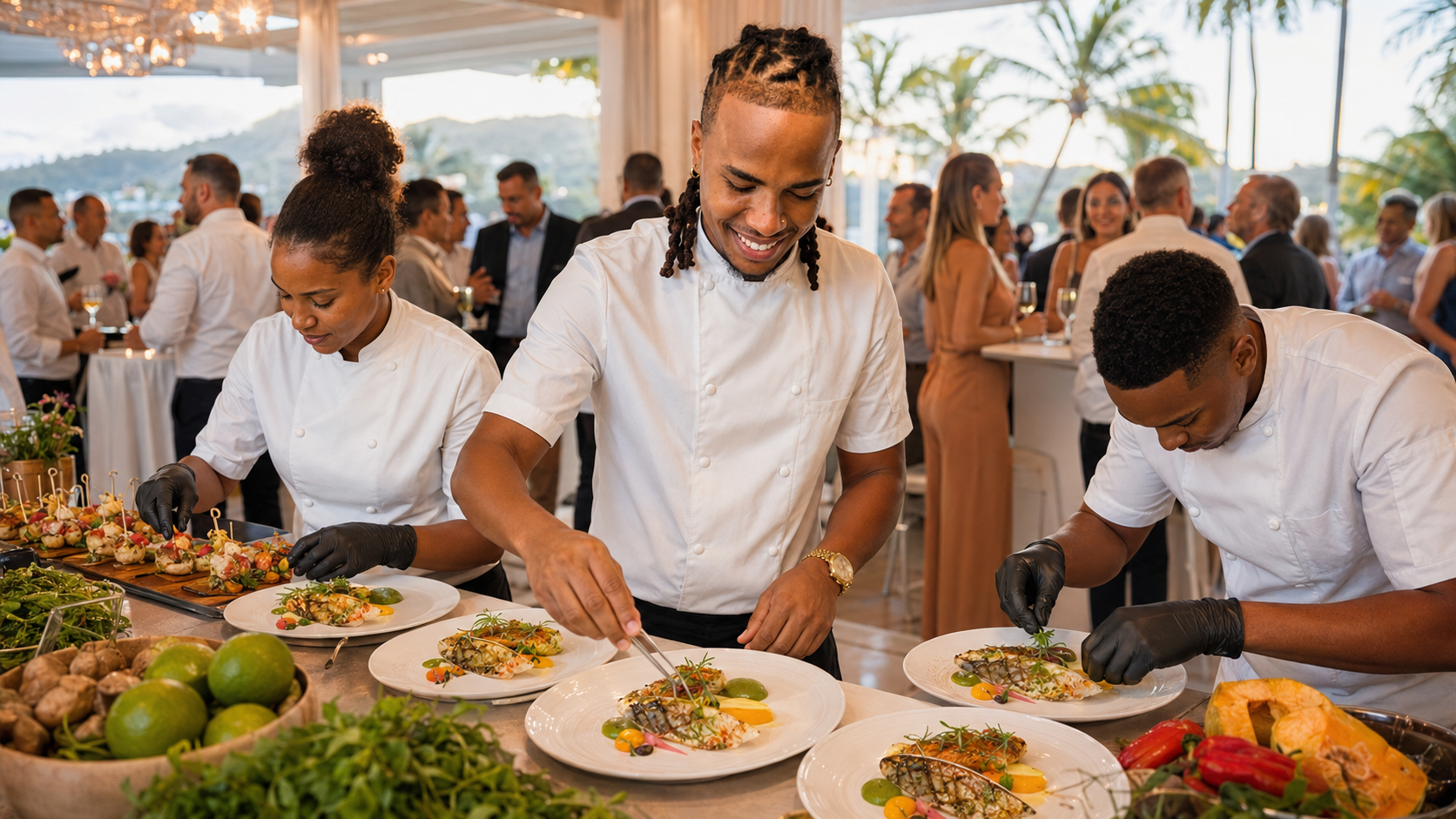 Chef Abenaqui et sa brigade en service traiteur lors d'une réception en Martinique